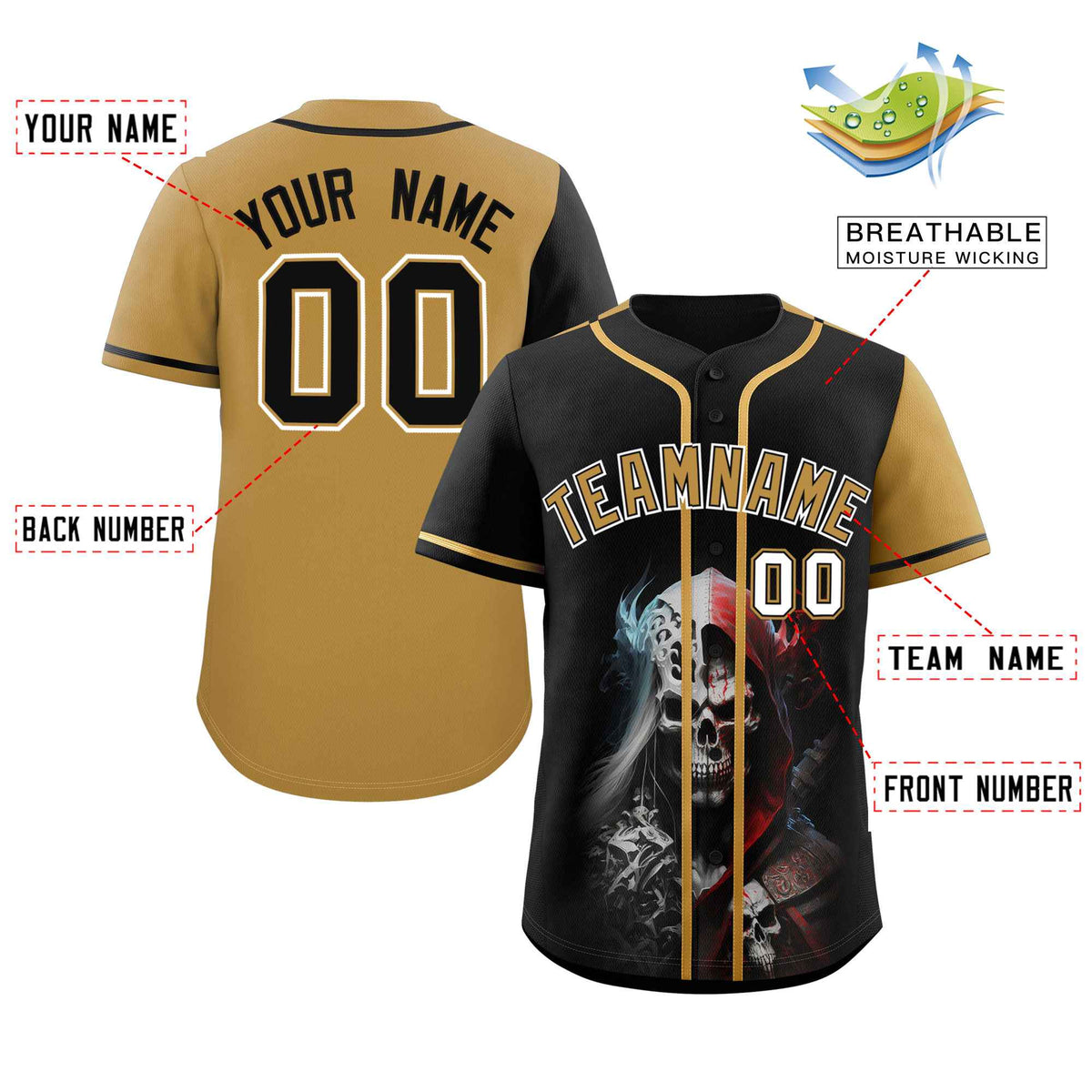 Custom Black Old Gold Color Block Personalized Skull Pattern Authentic Baseball Jersey