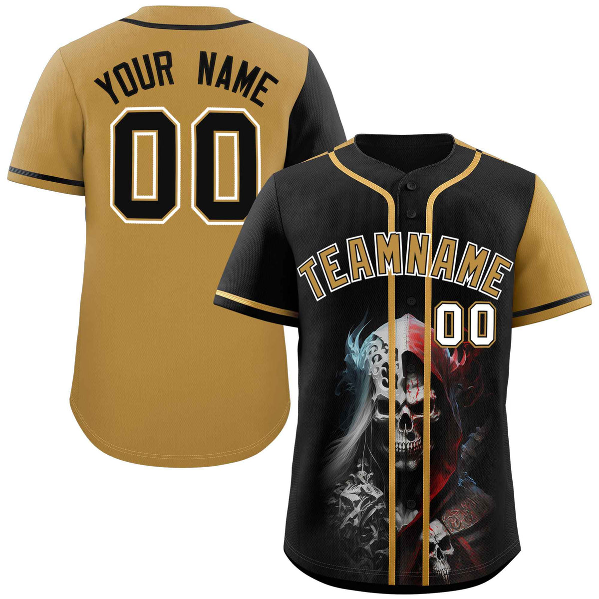 Custom Black Old Gold Color Block Personalized Skull Pattern Authentic Baseball Jersey
