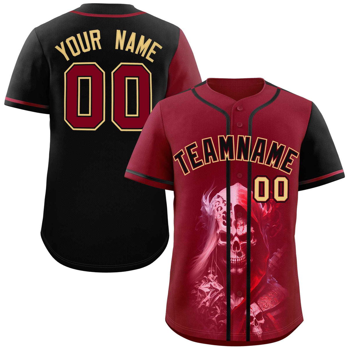 Custom Crimson Black Color Block Personalized Skull Pattern Authentic Baseball Jersey