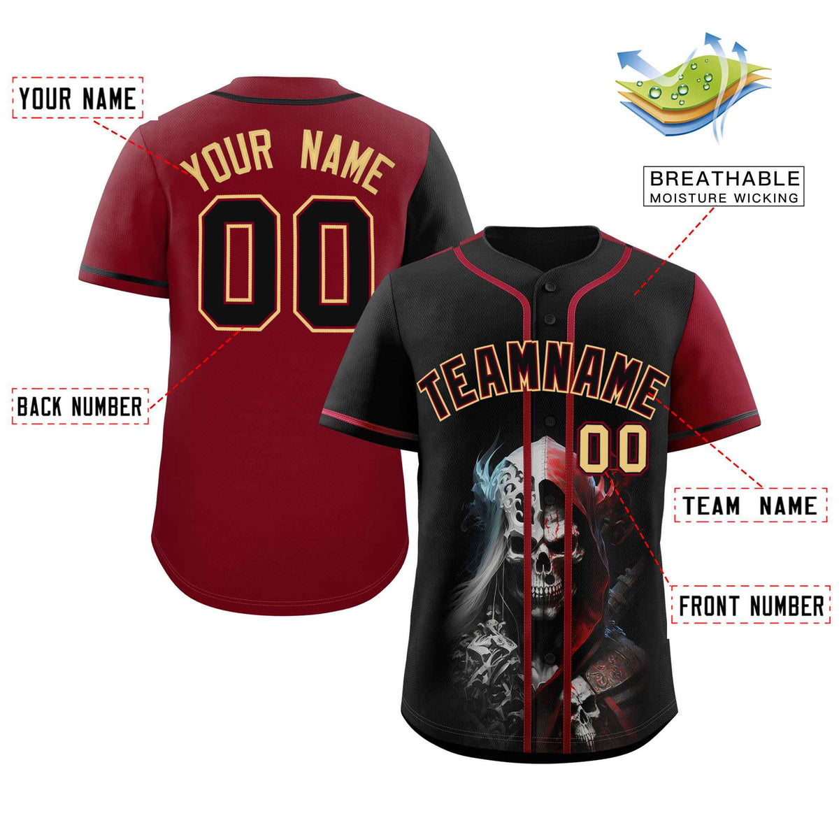 Custom Black Crimson Color Block Personalized Skull Pattern Authentic Baseball Jersey