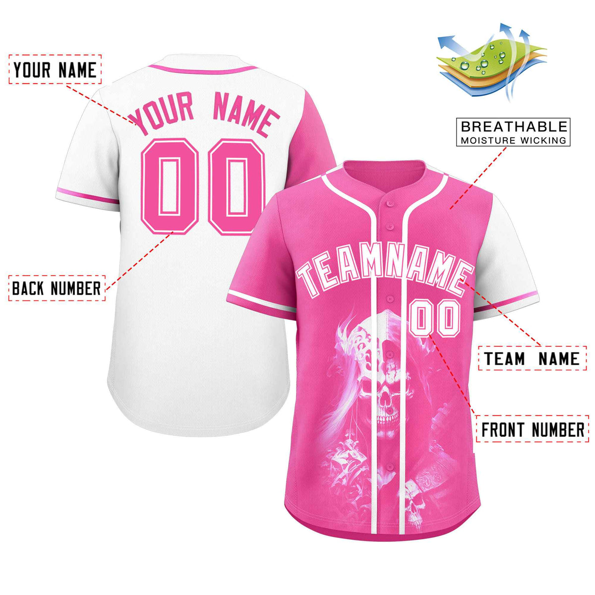 Custom Pink White Color Block Personalized Skull Pattern Authentic Baseball Jersey