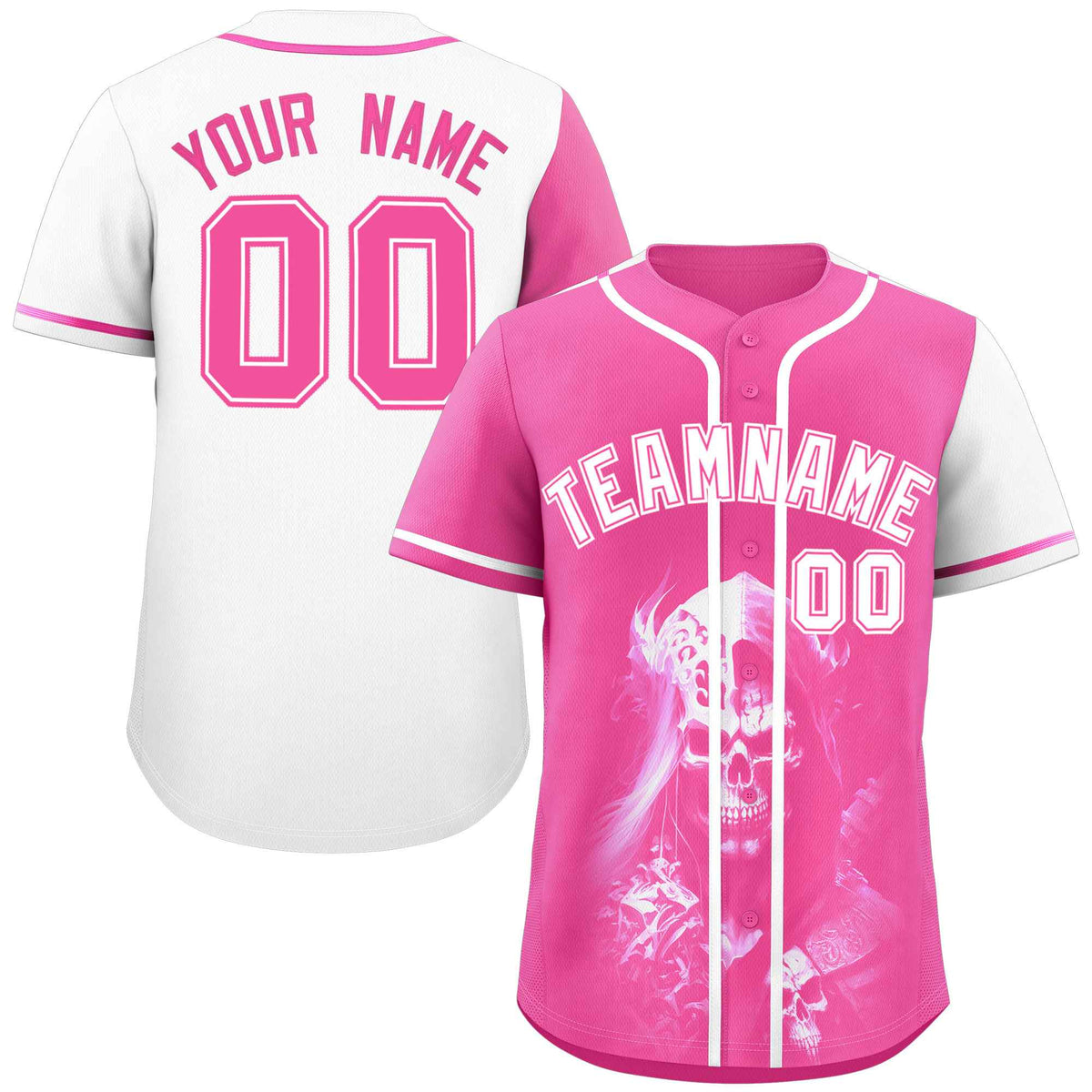 Custom Pink White Color Block Personalized Skull Pattern Authentic Baseball Jersey