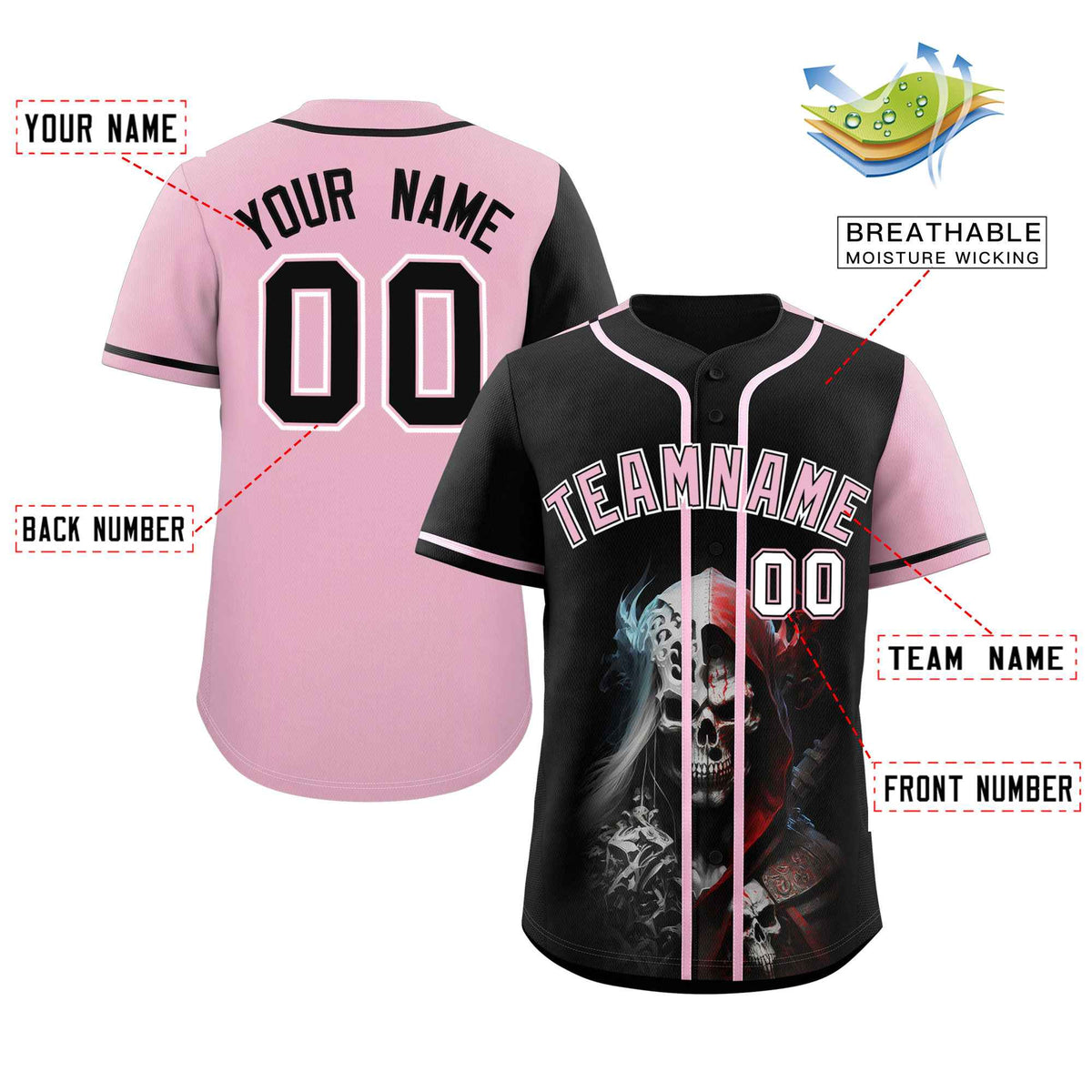 Custom Black Light Pink Color Block Personalized Skull Pattern Authentic Baseball Jersey