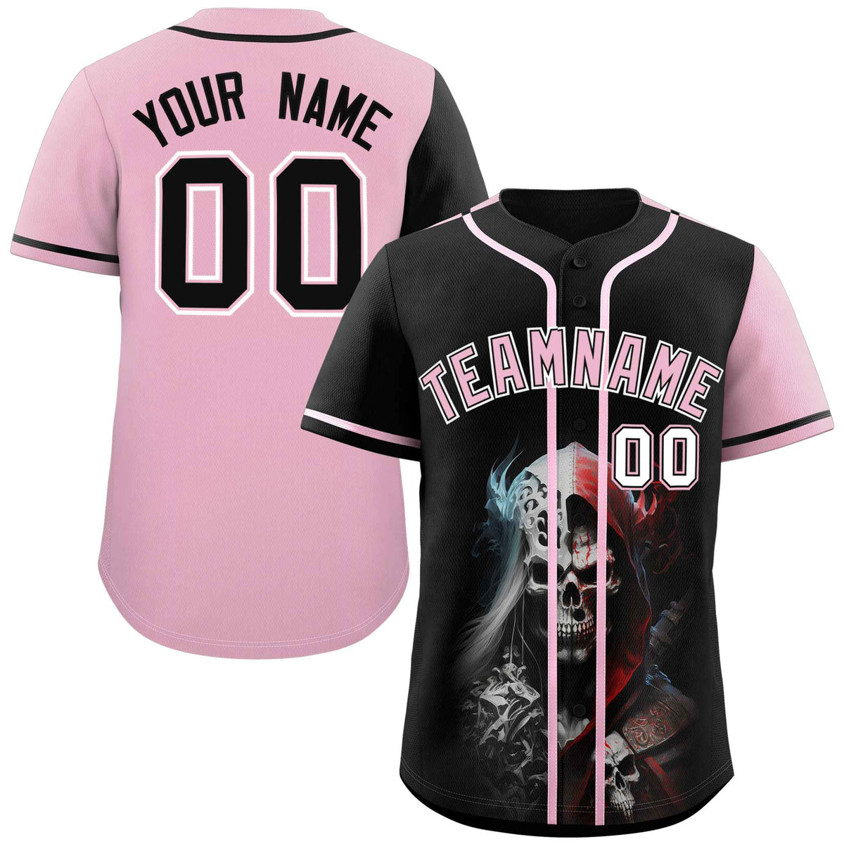 Custom Black Light Pink Color Block Personalized Skull Pattern Authentic Baseball Jersey