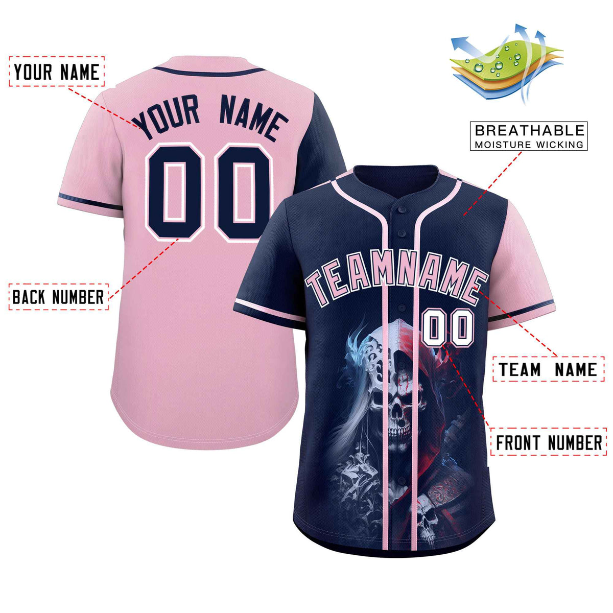 Custom Navy Light Pink Color Block Personalized Skull Pattern Authentic Baseball Jersey