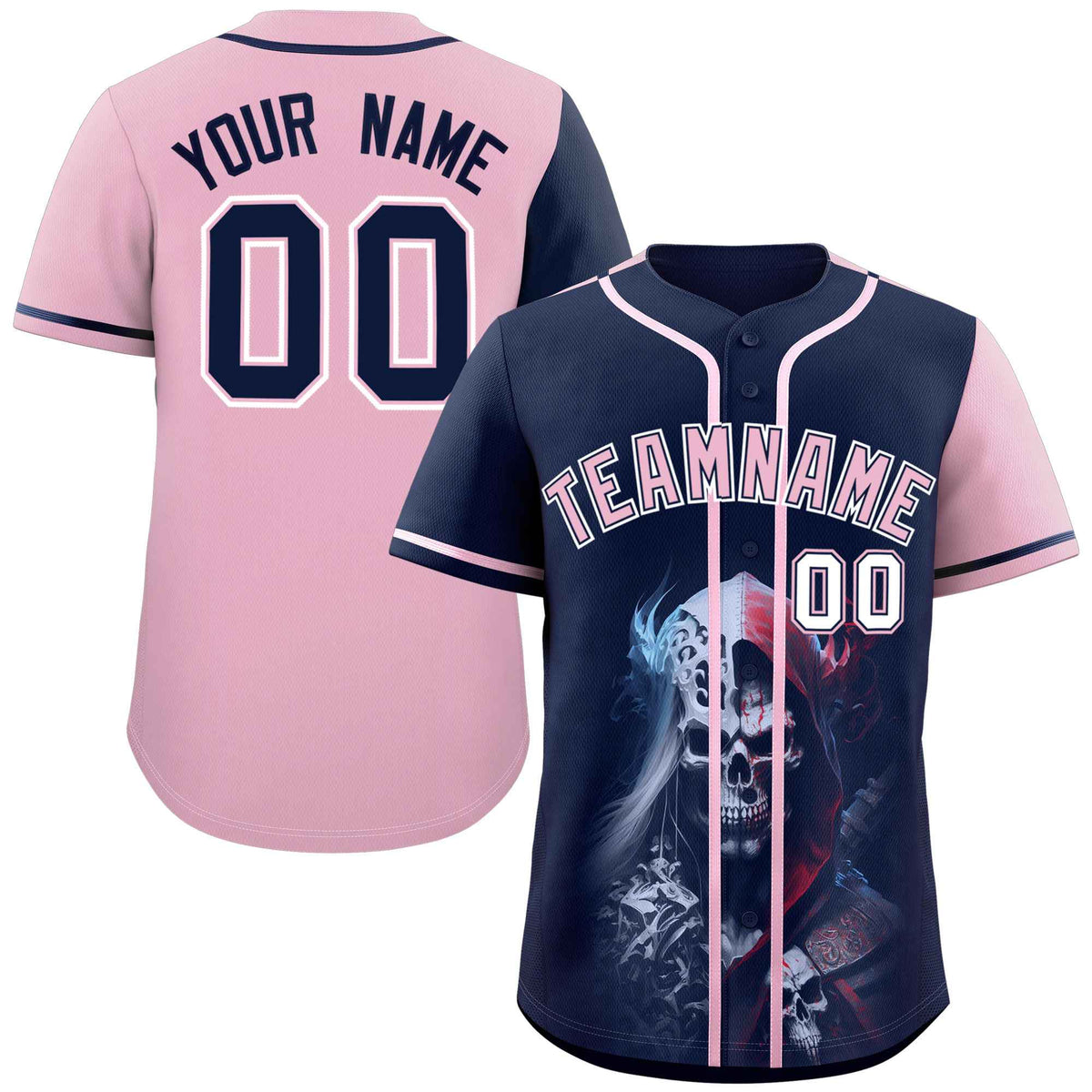 Custom Navy Light Pink Color Block Personalized Skull Pattern Authentic Baseball Jersey