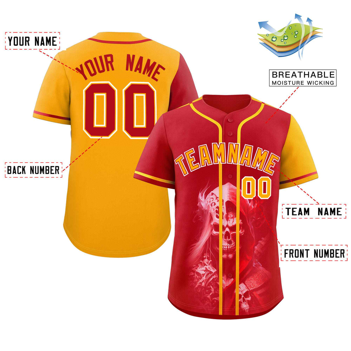 Custom Red Yellow Color Block Personalized Skull Pattern Authentic Baseball Jersey
