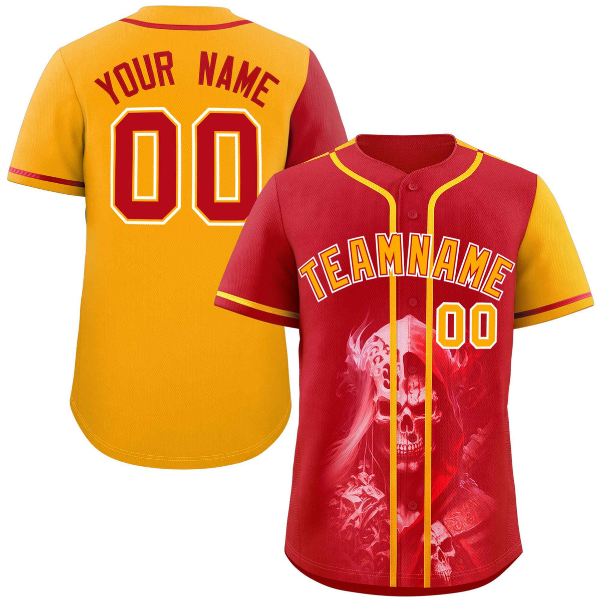 Custom Red Yellow Color Block Personalized Skull Pattern Authentic Baseball Jersey