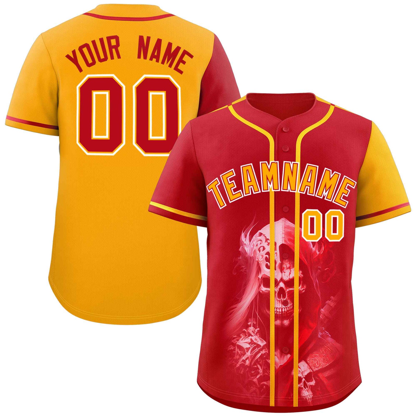 Custom Red Yellow Color Block Personalized Skull Pattern Authentic Baseball Jersey