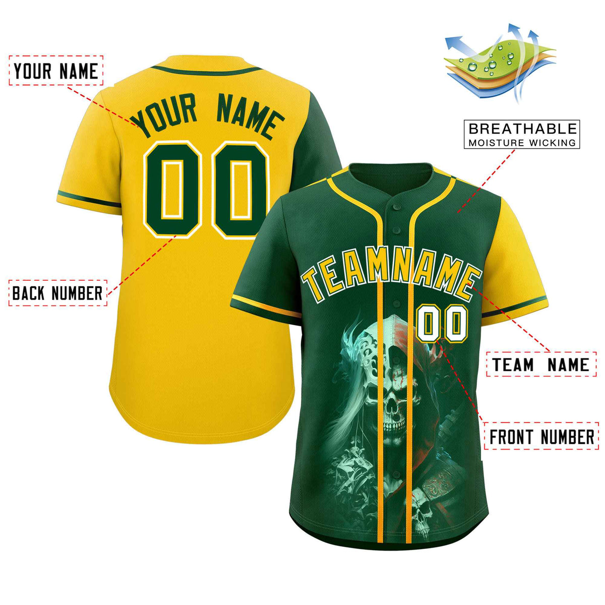 Custom Green Gold Color Block Personalized Skull Pattern Authentic Baseball Jersey