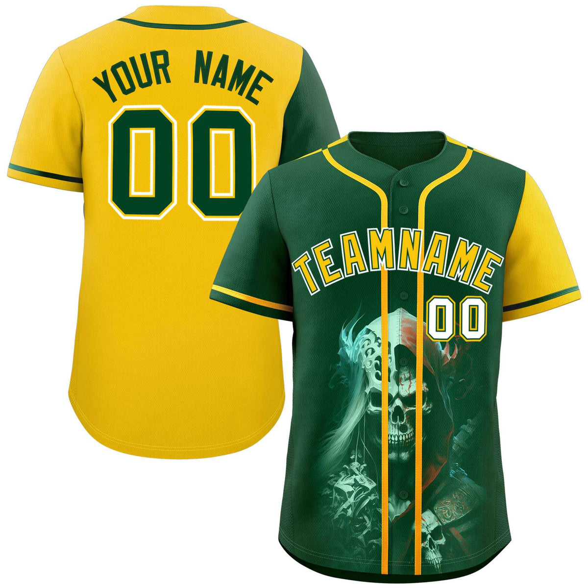 Custom Green Gold Color Block Personalized Skull Pattern Authentic Baseball Jersey