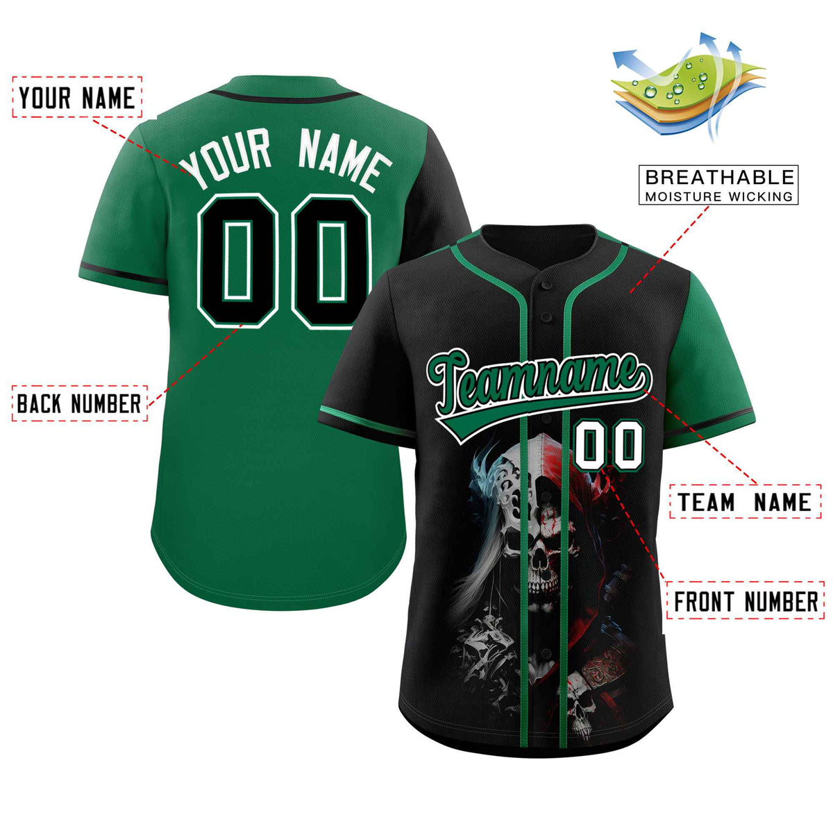 Custom Black Kelly Green Color Block Personalized Skull Pattern Authentic Baseball Jersey