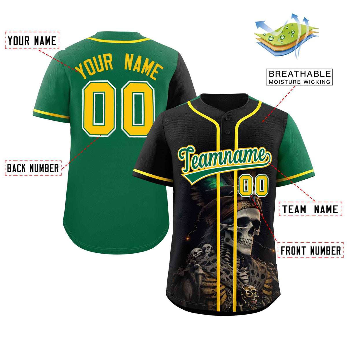 Custom Black Kelly Green Color Block Personalized Skull Pattern Authentic Baseball Jersey