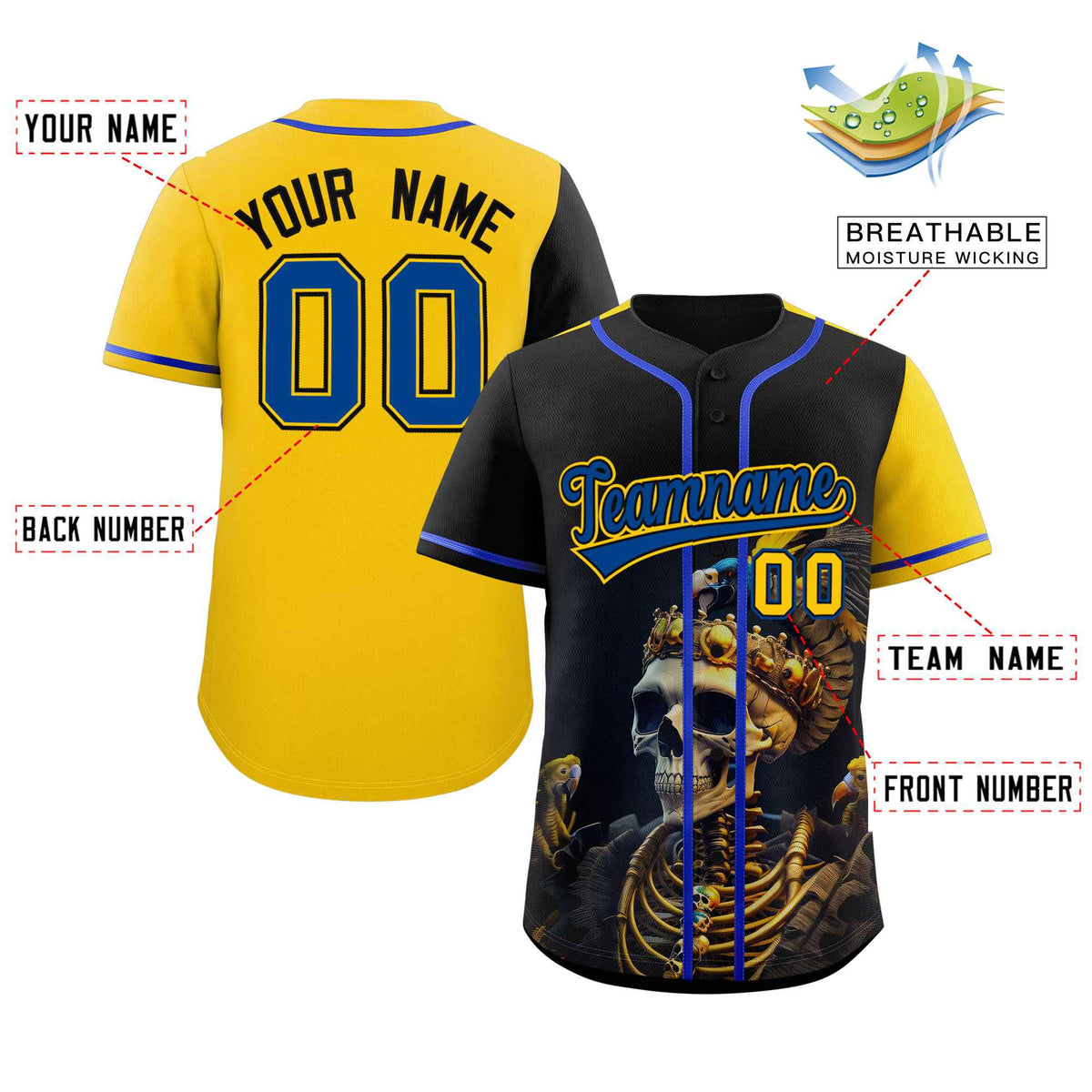 Custom Black Gold Color Block Personalized Skull Pattern Authentic Baseball Jersey