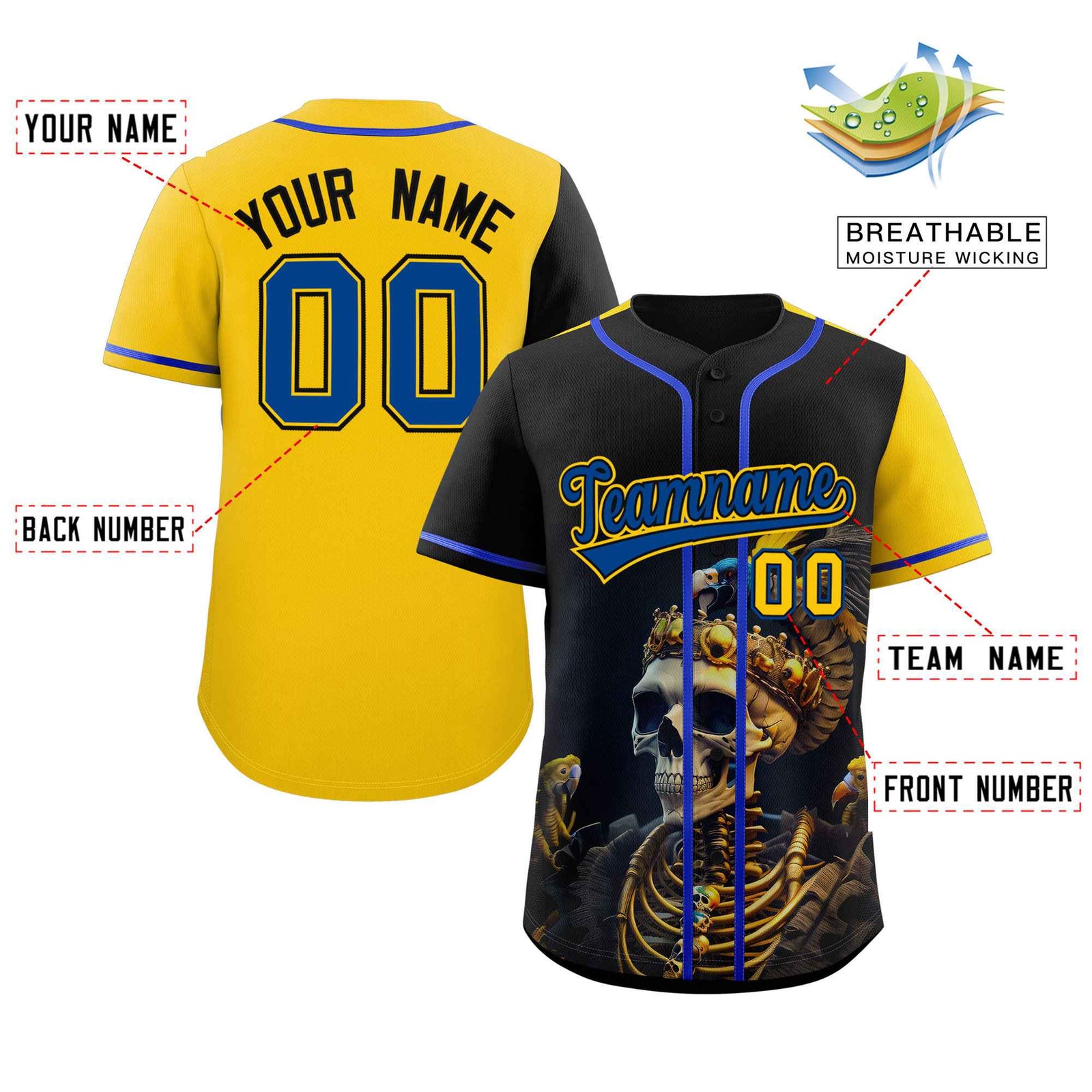Custom Black Gold Color Block Personalized Skull Pattern Authentic Baseball Jersey