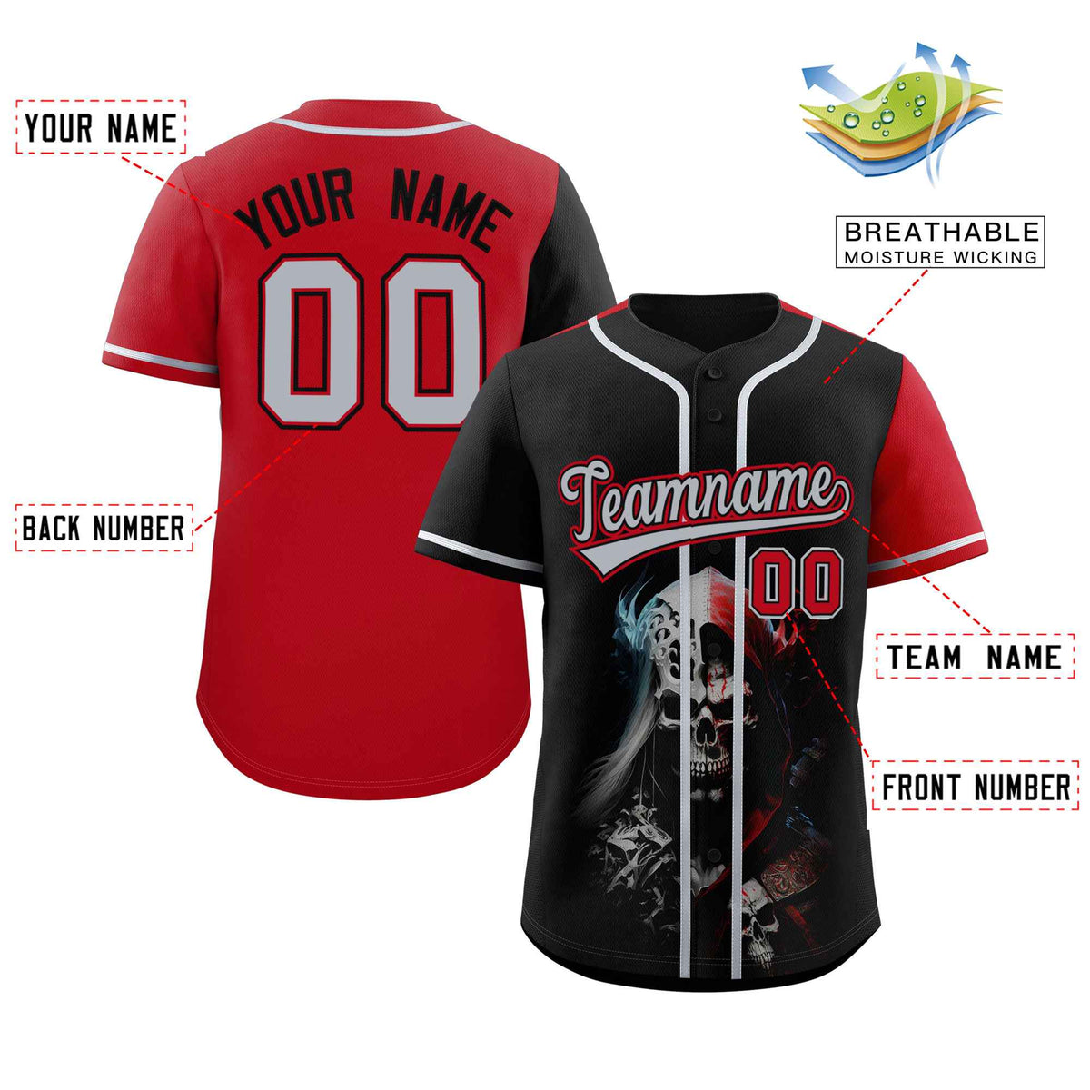 Custom Black Red Color Block Personalized Skull Pattern Authentic Baseball Jersey