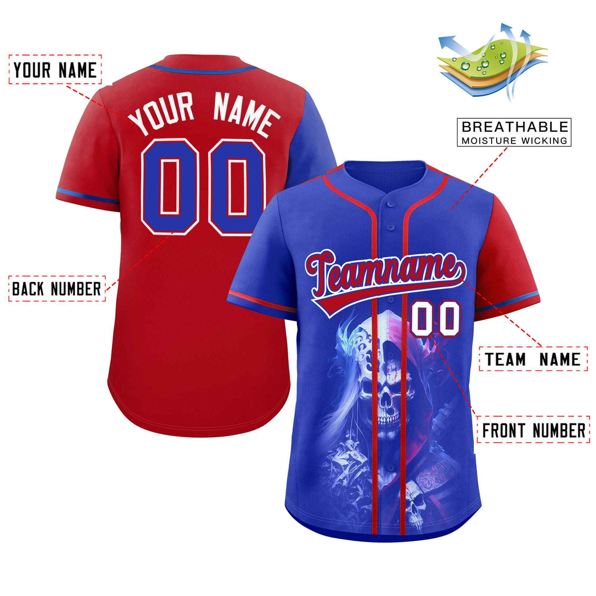 Custom Royal Red Color Block Personalized Skull Pattern Authentic Baseball Jersey