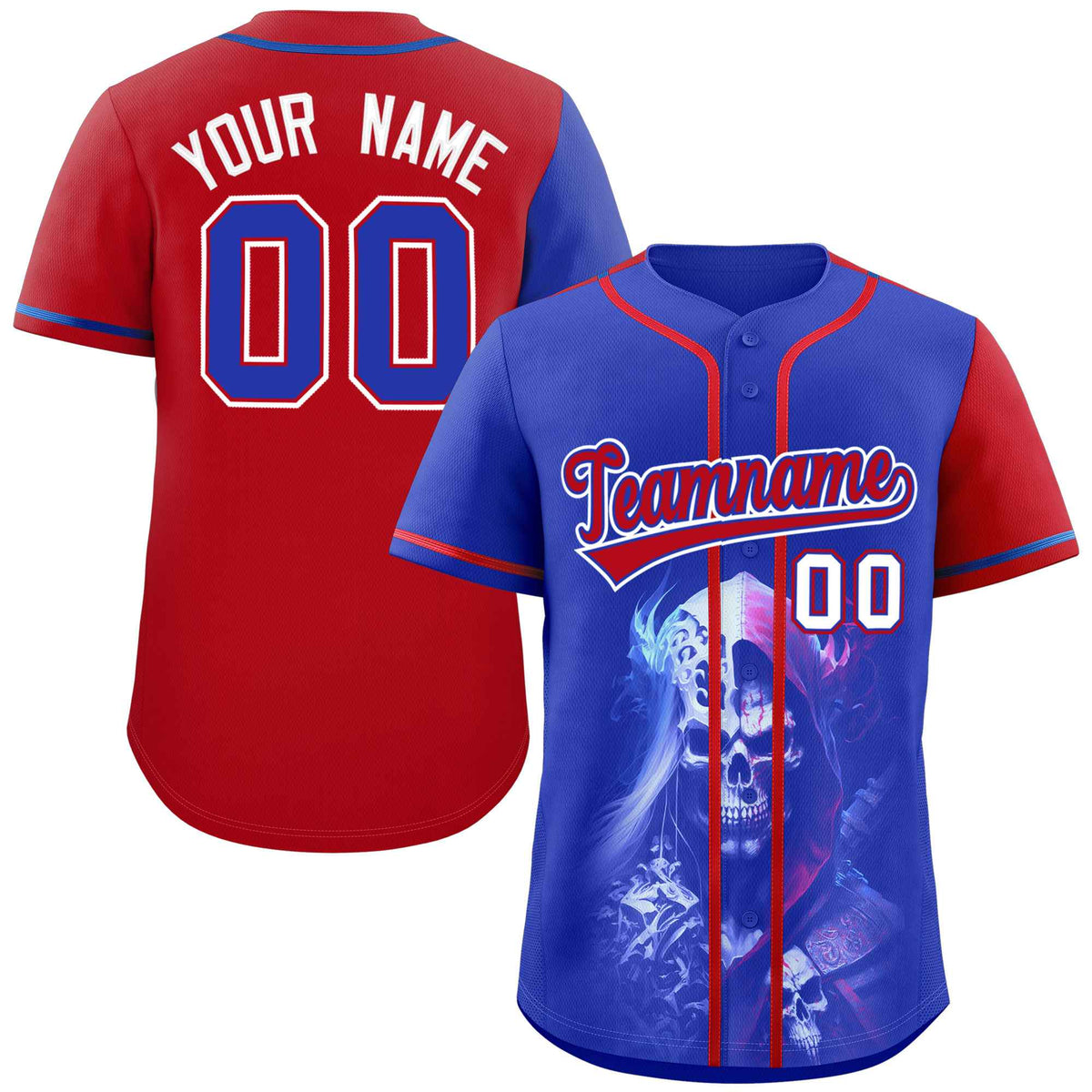 Custom Royal Red Color Block Personalized Skull Pattern Authentic Baseball Jersey
