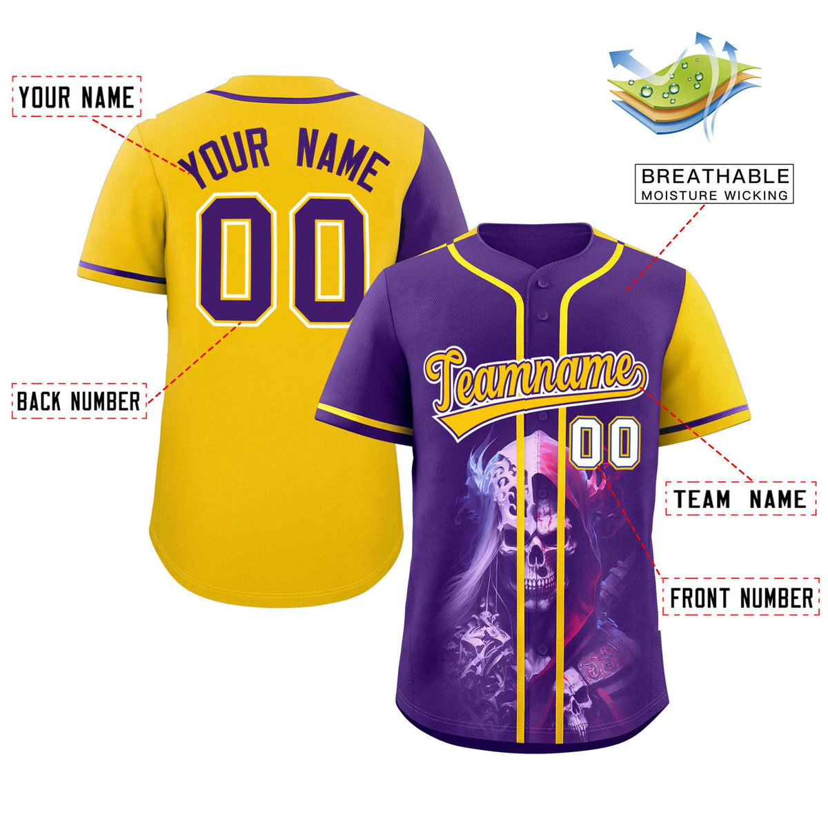 Custom Purple Gold Color Block Personalized Skull Pattern Authentic Baseball Jersey