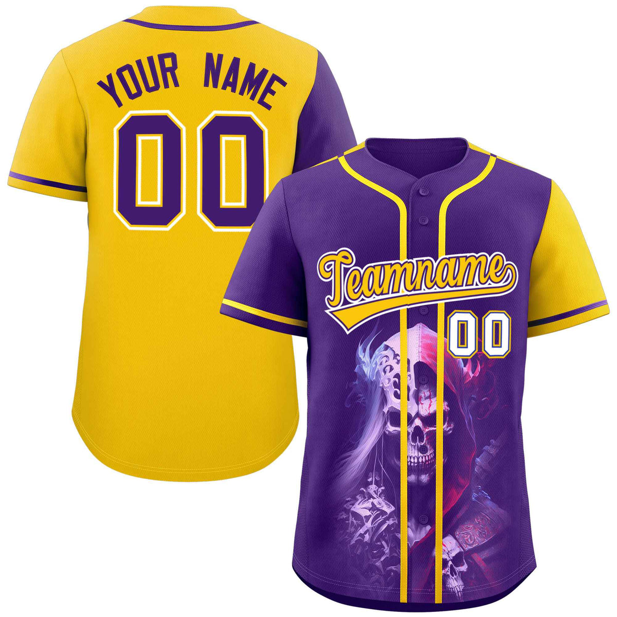 Custom Purple Gold Color Block Personalized Skull Pattern Authentic Baseball Jersey