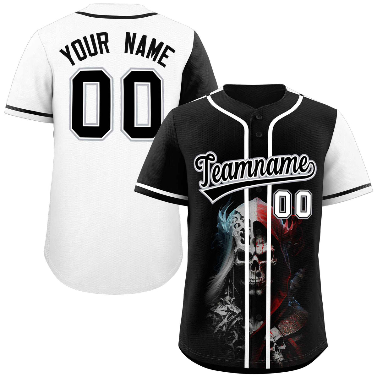 Custom Black White Color Block Personalized Skull Pattern Authentic Baseball Jersey