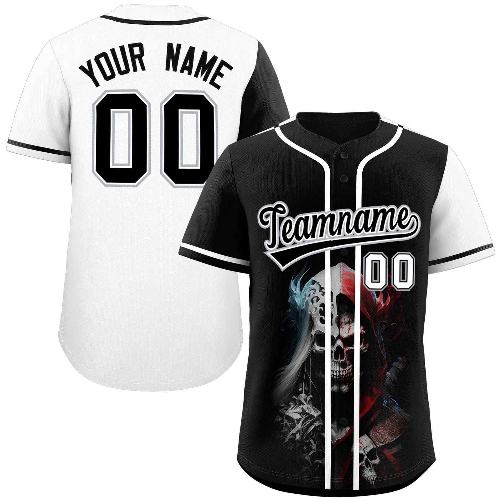 Custom Black White Color Block Personalized Skull Pattern Authentic Baseball Jersey