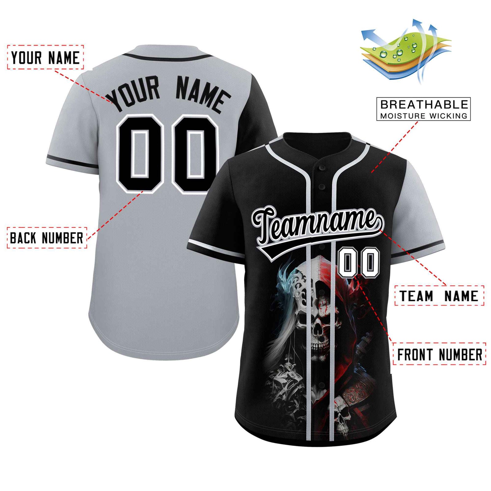 Custom Black Gray Color Block Personalized Skull Pattern Authentic Baseball Jersey