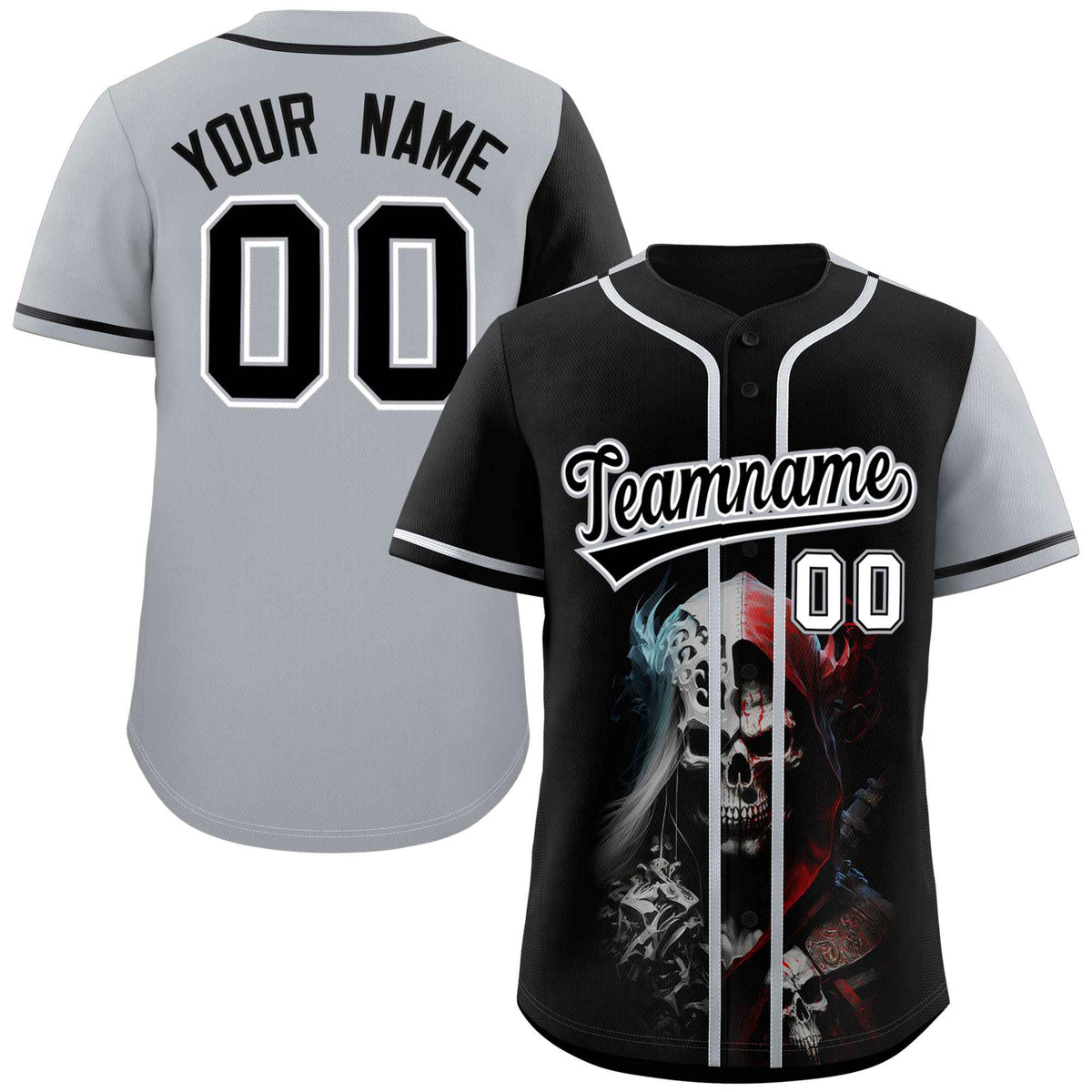 Custom Black Gray Color Block Personalized Skull Pattern Authentic Baseball Jersey