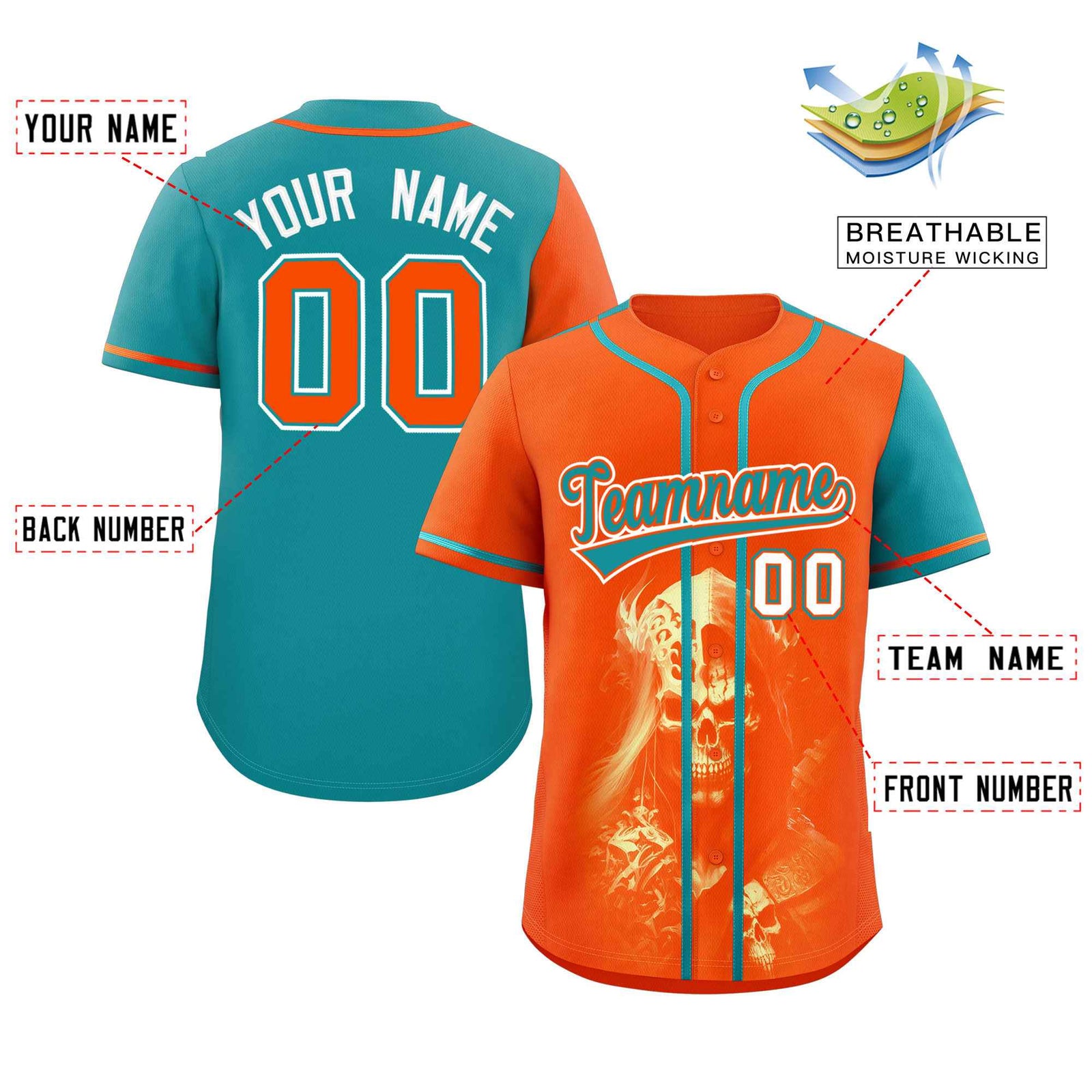 Custom Orange Aqua Color Block Personalized Skull Pattern Authentic Baseball Jersey