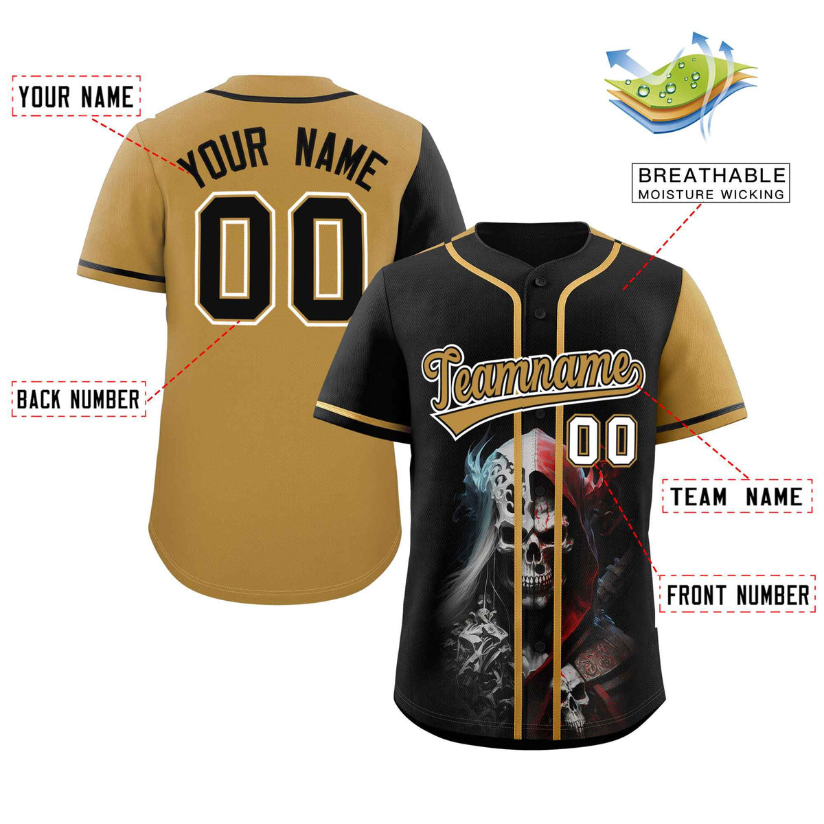 Custom Black Old Gold Color Block Personalized Skull Pattern Authentic Baseball Jersey