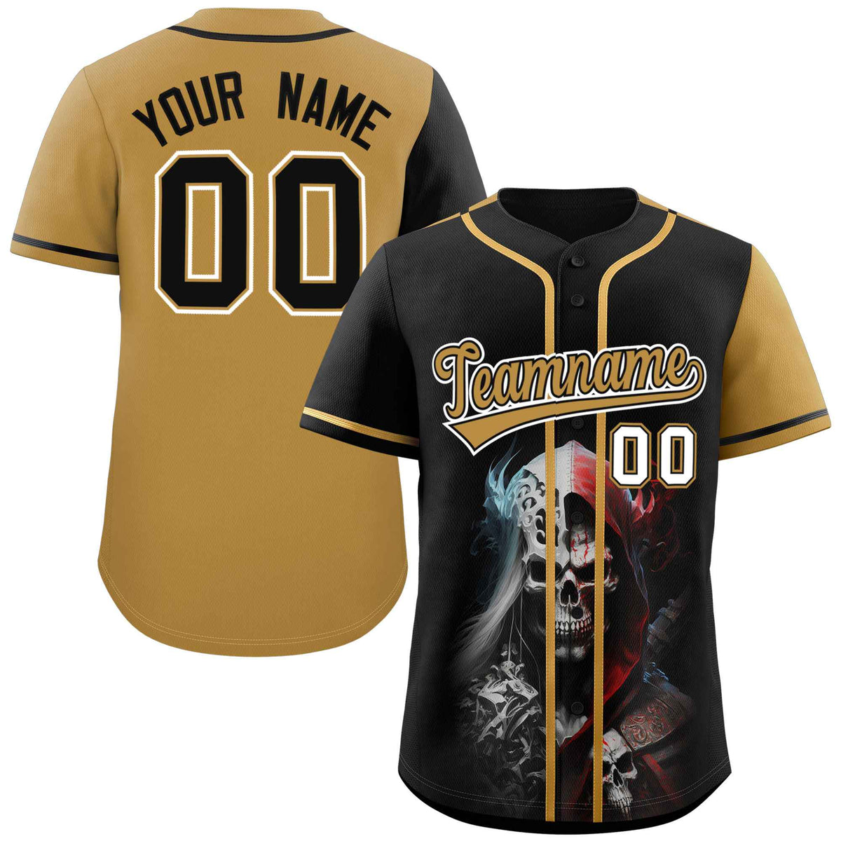Custom Black Old Gold Color Block Personalized Skull Pattern Authentic Baseball Jersey