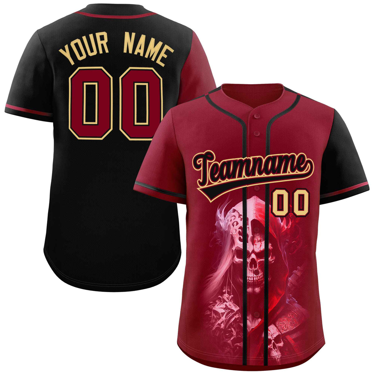 Custom Crimson Black Color Block Personalized Skull Pattern Authentic Baseball Jersey