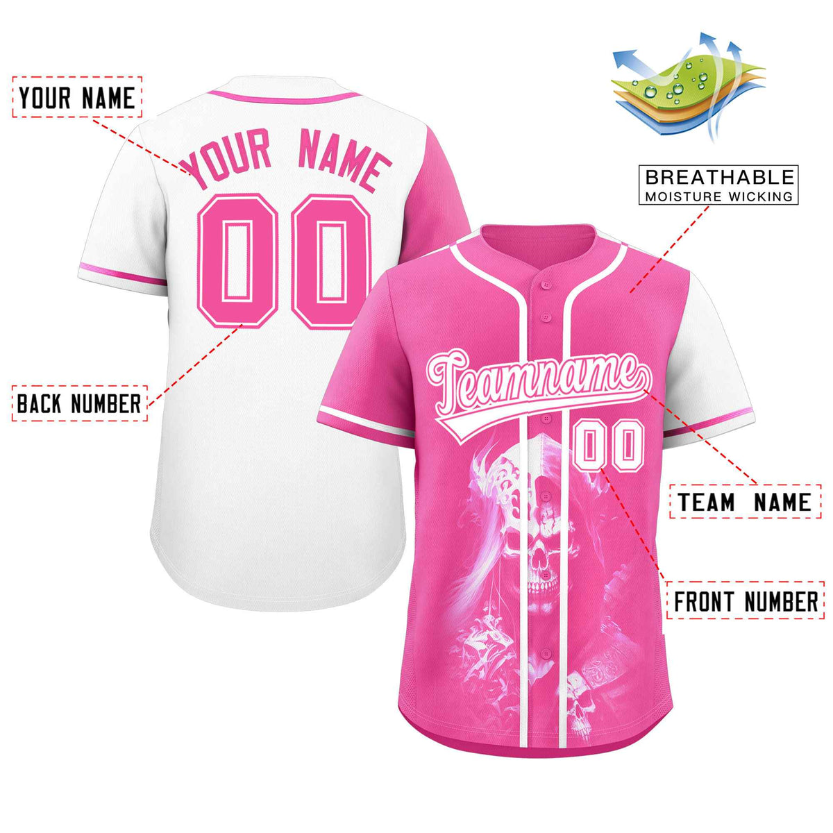 Custom Pink White Color Block Personalized Skull Pattern Authentic Baseball Jersey