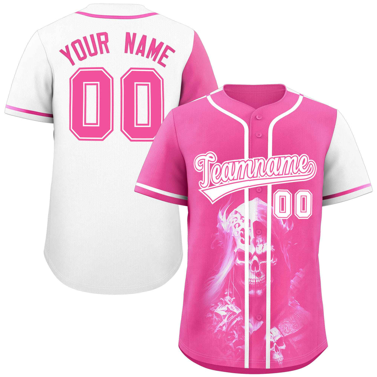 Custom Pink White Color Block Personalized Skull Pattern Authentic Baseball Jersey