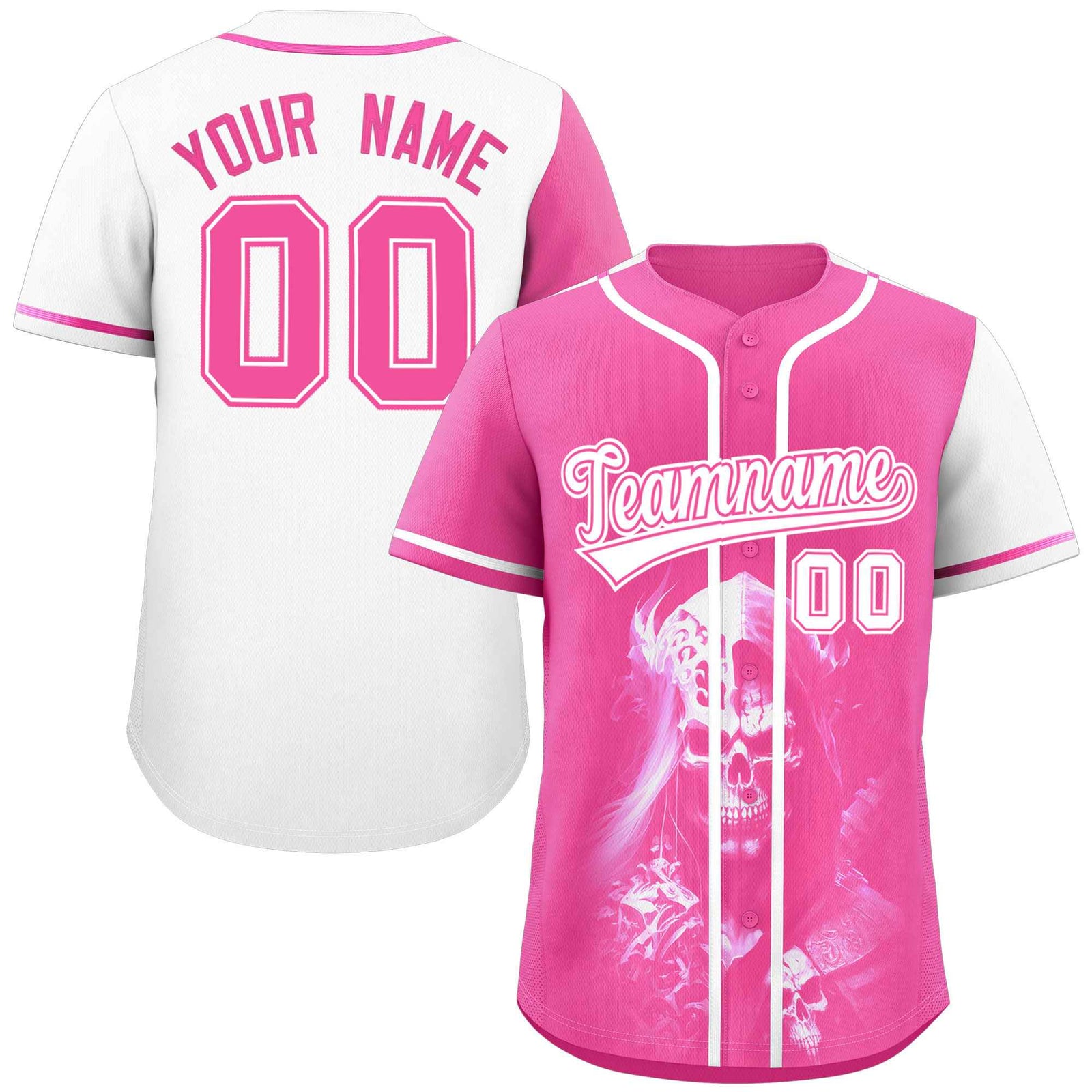 Custom Pink White Color Block Personalized Skull Pattern Authentic Baseball Jersey