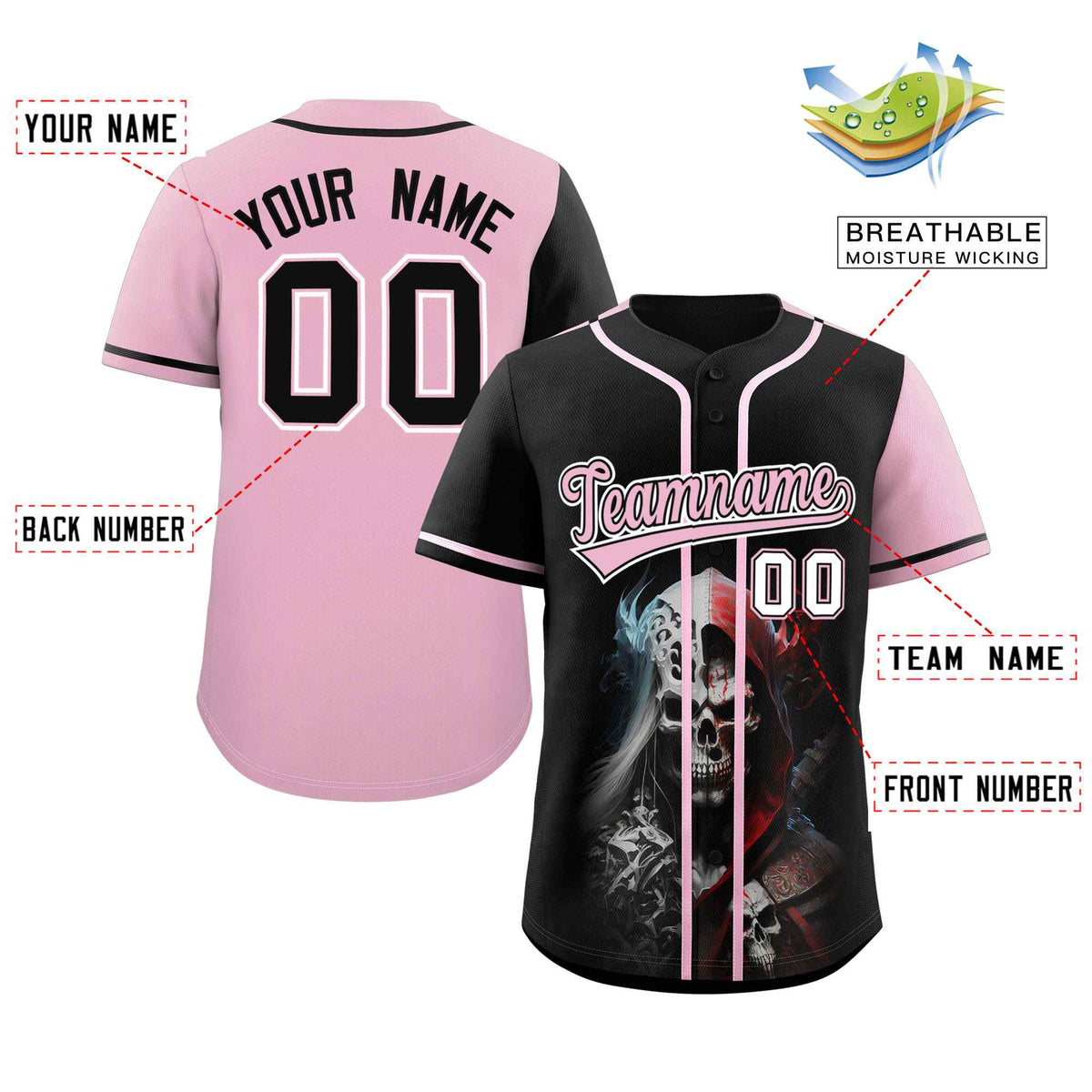 Custom Black Light Pink Color Block Personalized Skull Pattern Authentic Baseball Jersey