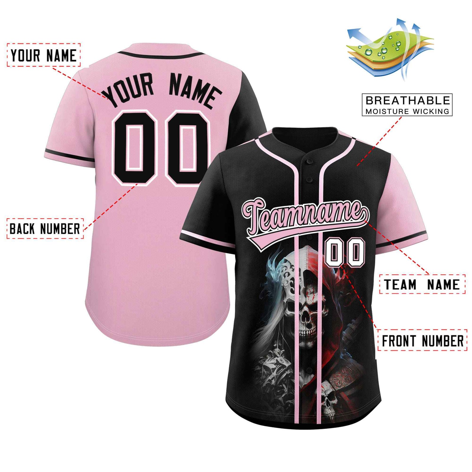 Custom Black Light Pink Color Block Personalized Skull Pattern Authentic Baseball Jersey