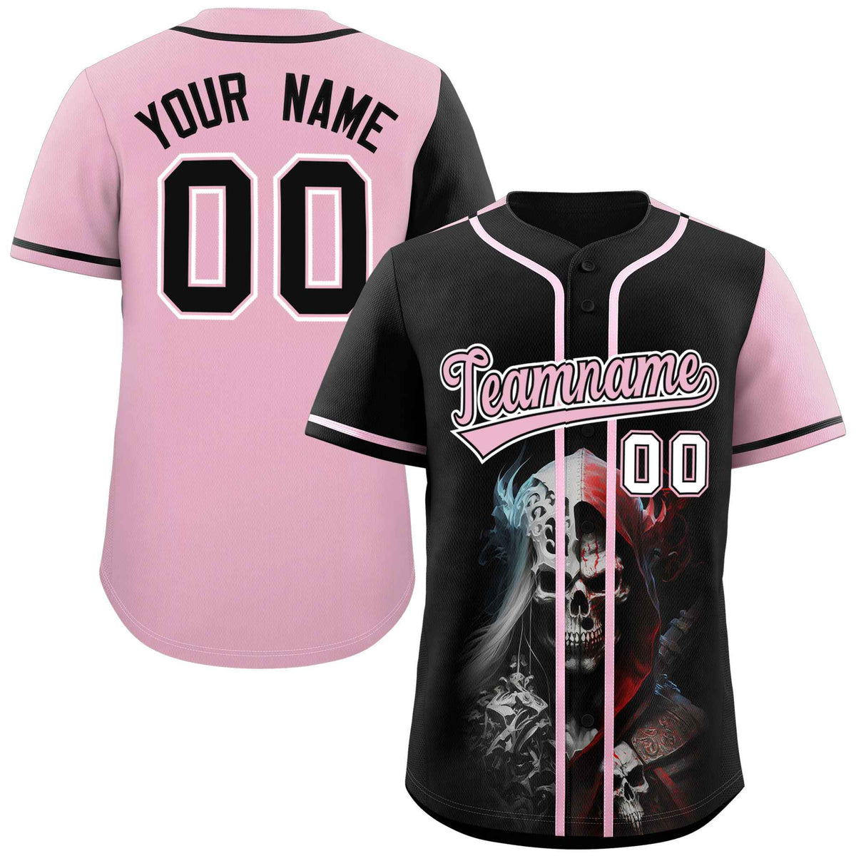 Custom Black Light Pink Color Block Personalized Skull Pattern Authentic Baseball Jersey