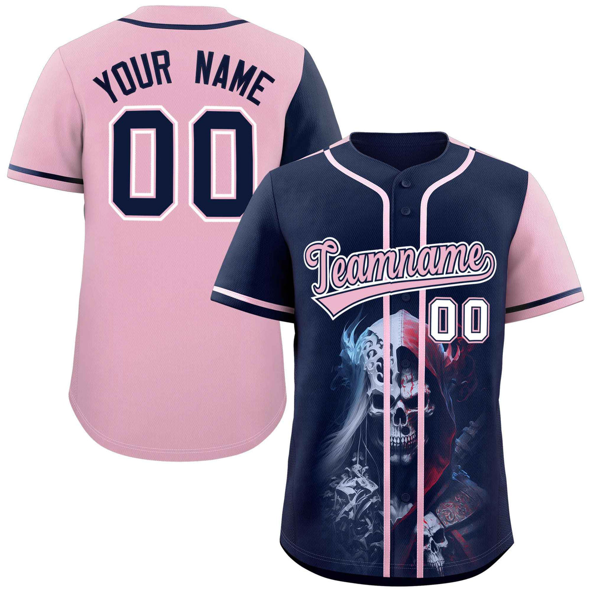 Custom Navy Light Pink Color Block Personalized Skull Pattern Authentic Baseball Jersey