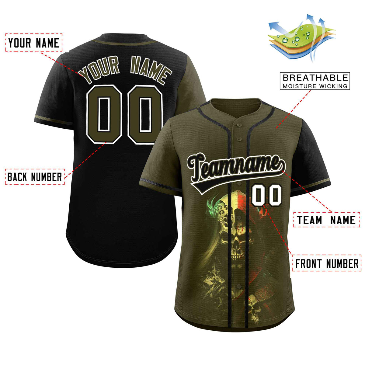 Custom Olive Black Color Block Personalized Skull Pattern Authentic Baseball Jersey