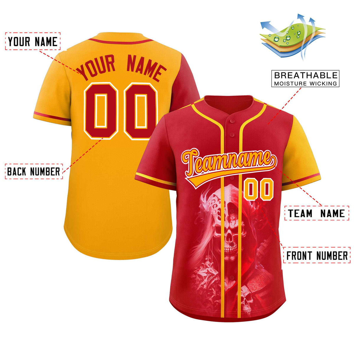 Custom Red Yellow Color Block Personalized Skull Pattern Authentic Baseball Jersey
