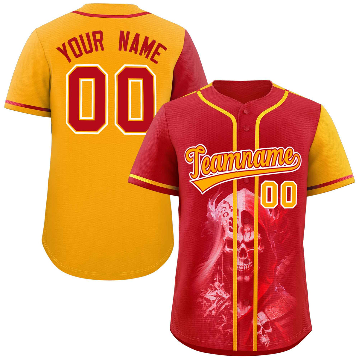 Custom Red Yellow Color Block Personalized Skull Pattern Authentic Baseball Jersey