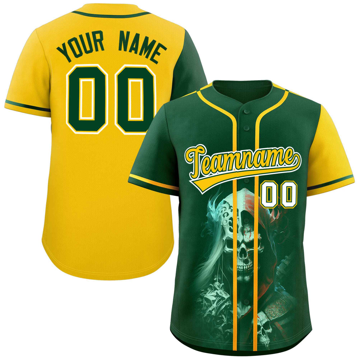 Custom Green Gold Color Block Personalized Skull Pattern Authentic Baseball Jersey
