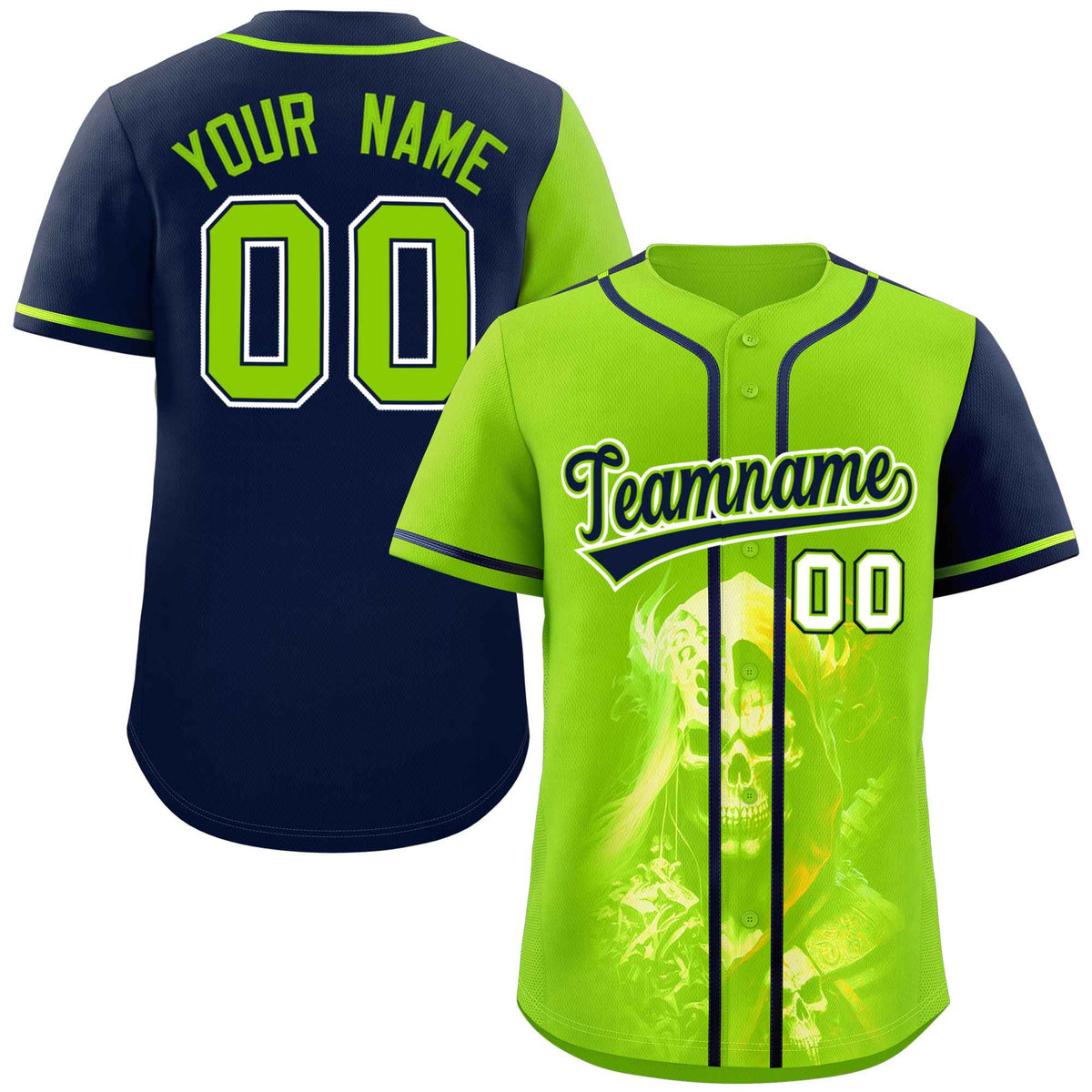 Custom Neon Green Navy Color Block Personalized Skull Pattern Authentic Baseball Jersey