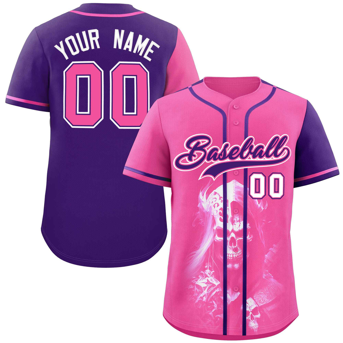 Custom Pink Purple Color Block Personalized Skull Pattern Authentic Baseball Jersey