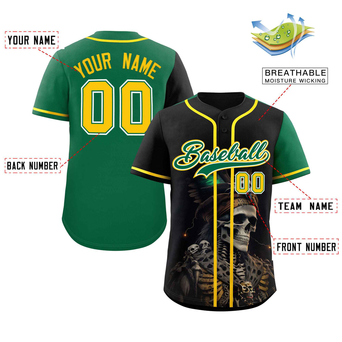Custom Black Kelly Green Color Block Personalized Skull Pattern Authentic Baseball Jersey