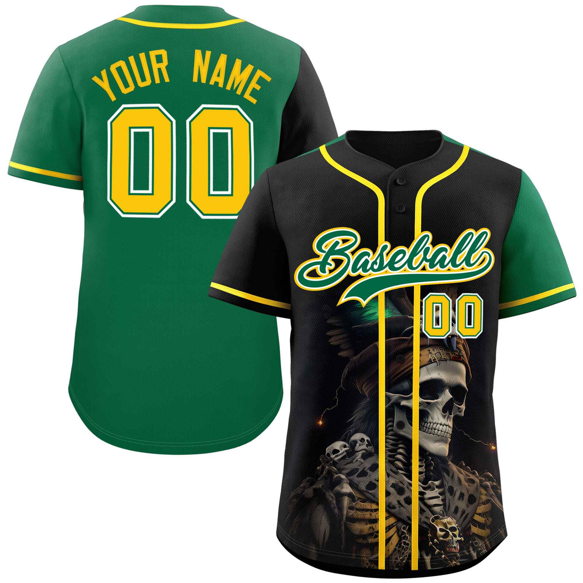Custom Black Kelly Green Color Block Personalized Skull Pattern Authentic Baseball Jersey
