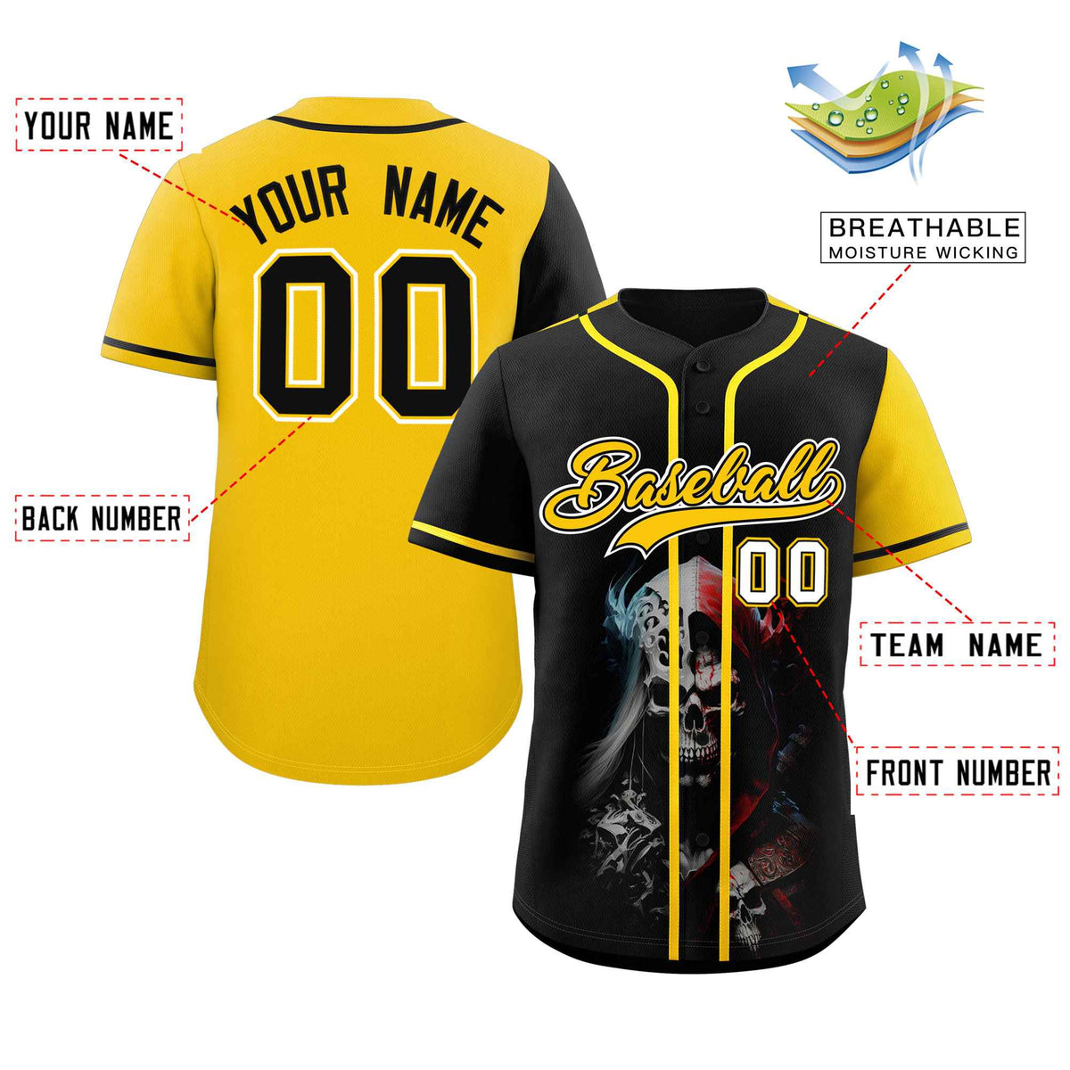 Custom Black Gold Color Block Personalized Skull Pattern Authentic Baseball Jersey