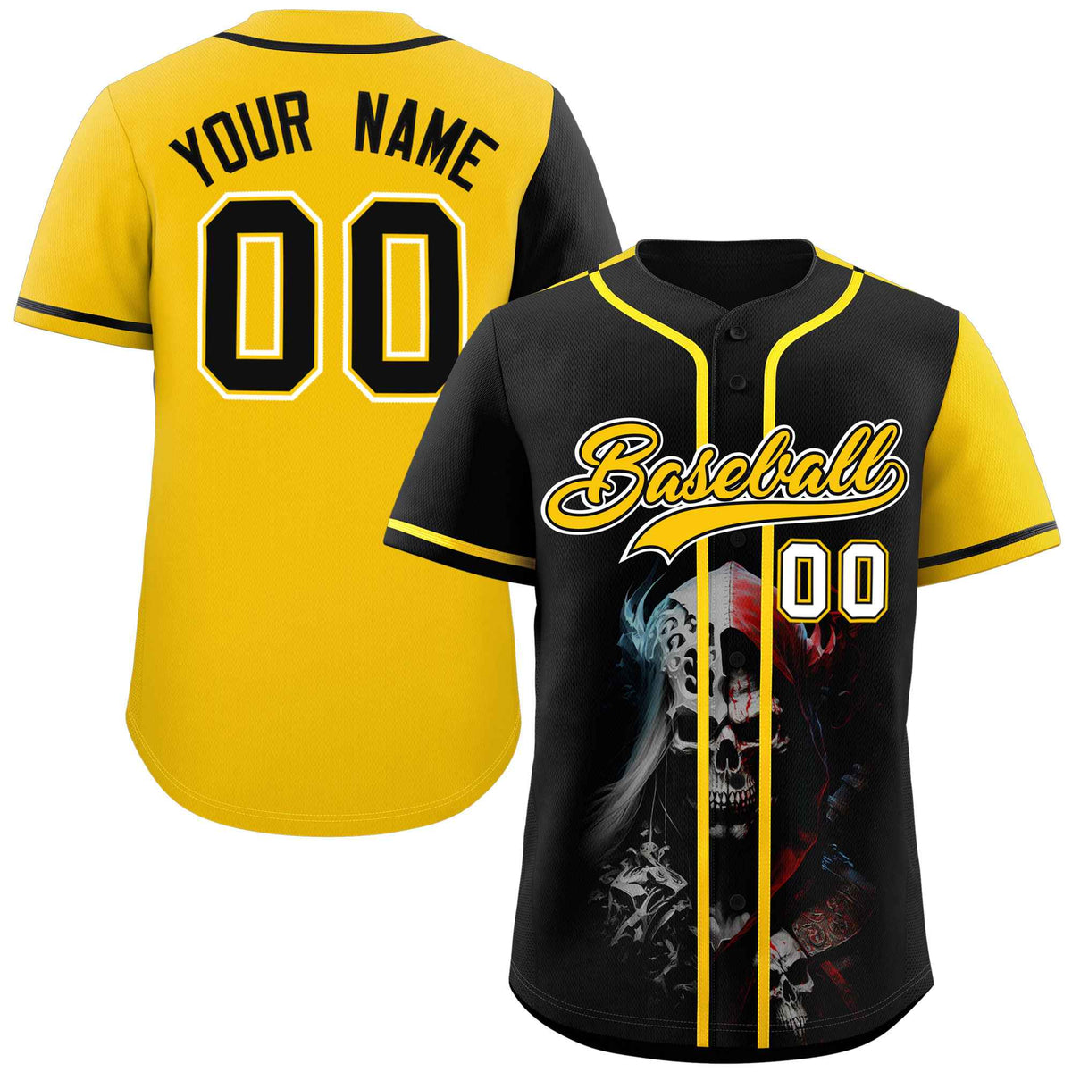Custom Black Gold Color Block Personalized Skull Pattern Authentic Baseball Jersey