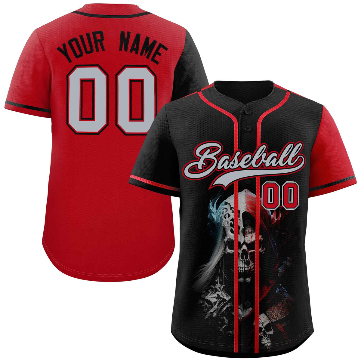 Custom Black Red Color Block Personalized Skull Pattern Authentic Baseball Jersey